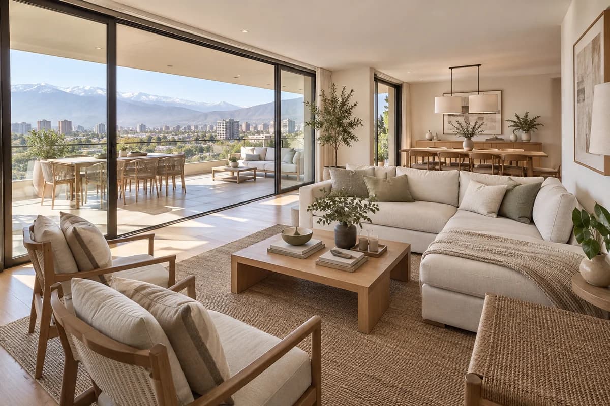 Living comedor con terraza y vista a la cordillera, imagen ilustrativa