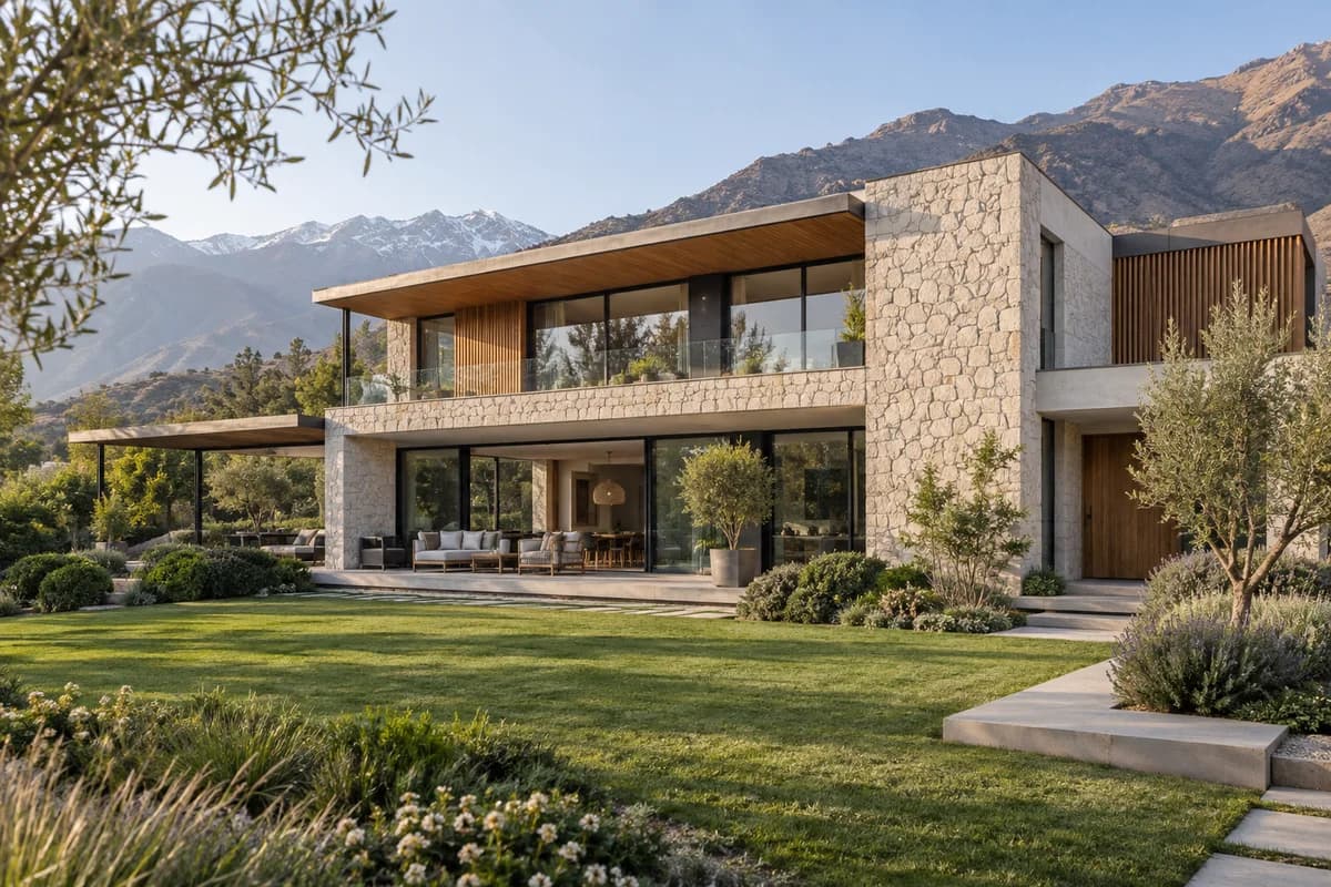 Casa de piedra clara y madera con jardín, imagen ilustrativa
